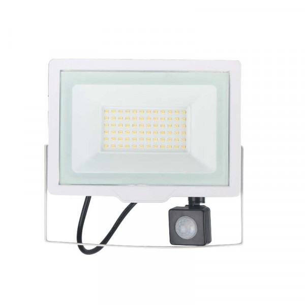 50W LED prož.4000K/>100Lm/W balt. IP65+PIR 3m.gar