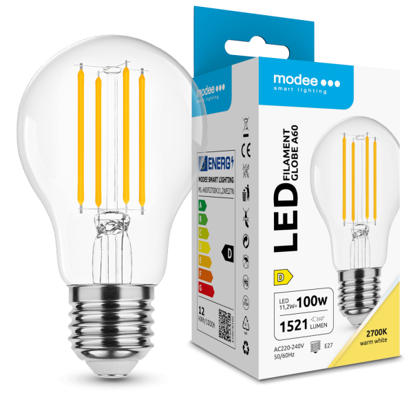 LED lempa E27 11.2W 2700K A60 1521Lm Filam 5m