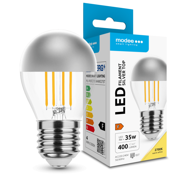 LED lempa E27 4W 2700K G45 400Lm Silver Fil 5metai