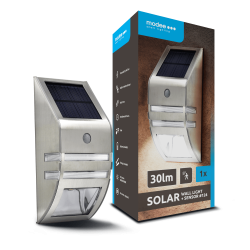 LED SOLAR šviest. sienai 9000K plieno sp. IP44 PIR